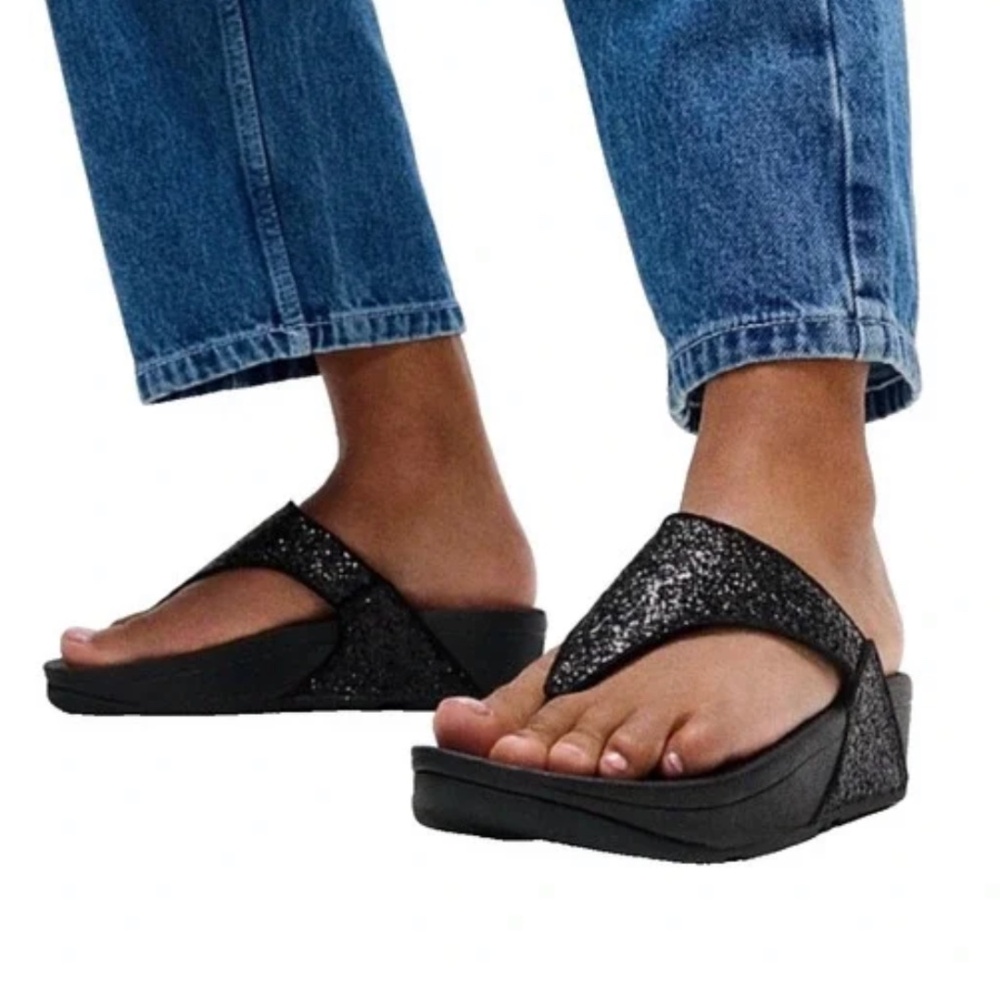 Fitflop Lulu Toe Post Thong Black Sparkly / Glittery Wedge / Ergo Arch Sandals - Picture 2 of 9